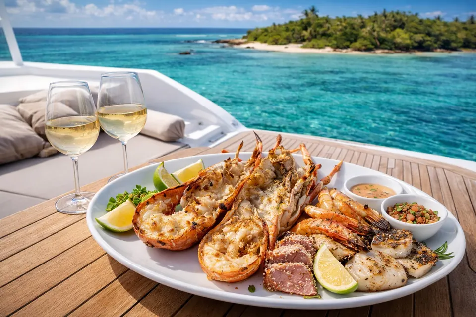 Seafood platter and white wine on the deck of a luxury catamaran