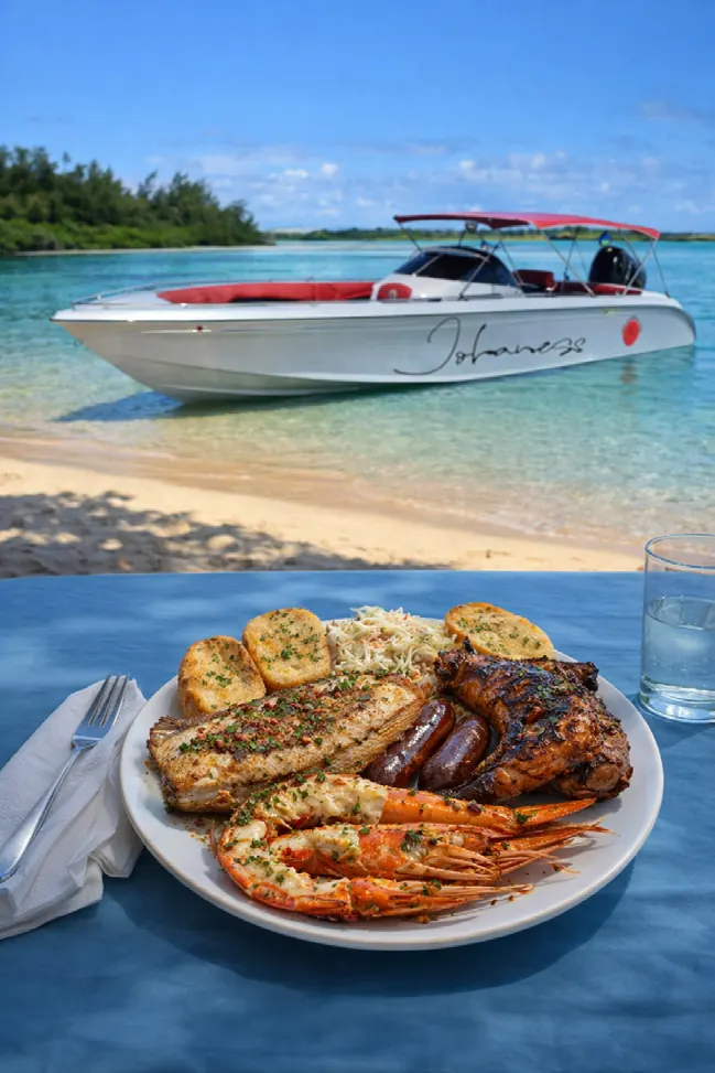 Johaness private speedboat on a white beach and a BBQ seafood platter